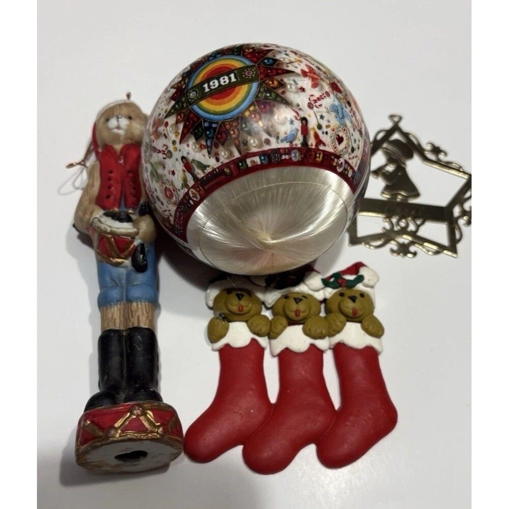 Vintage Christmas Ornament Lot of 4 Hallmark 1981 Satin Ball Homco Drummer Bear